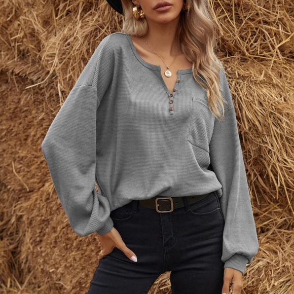 Waffle knit half placket button down henley long sleeve tee shirt boho black - Picture 3 of 14